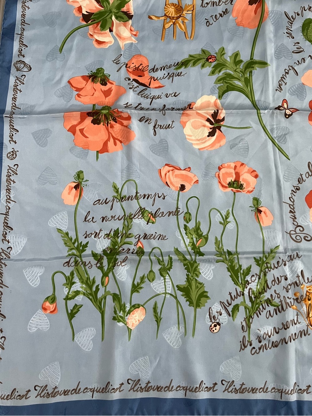 Nina Ricci Blue Scarf with Coral Floral Poppies - Picture 3 of 8